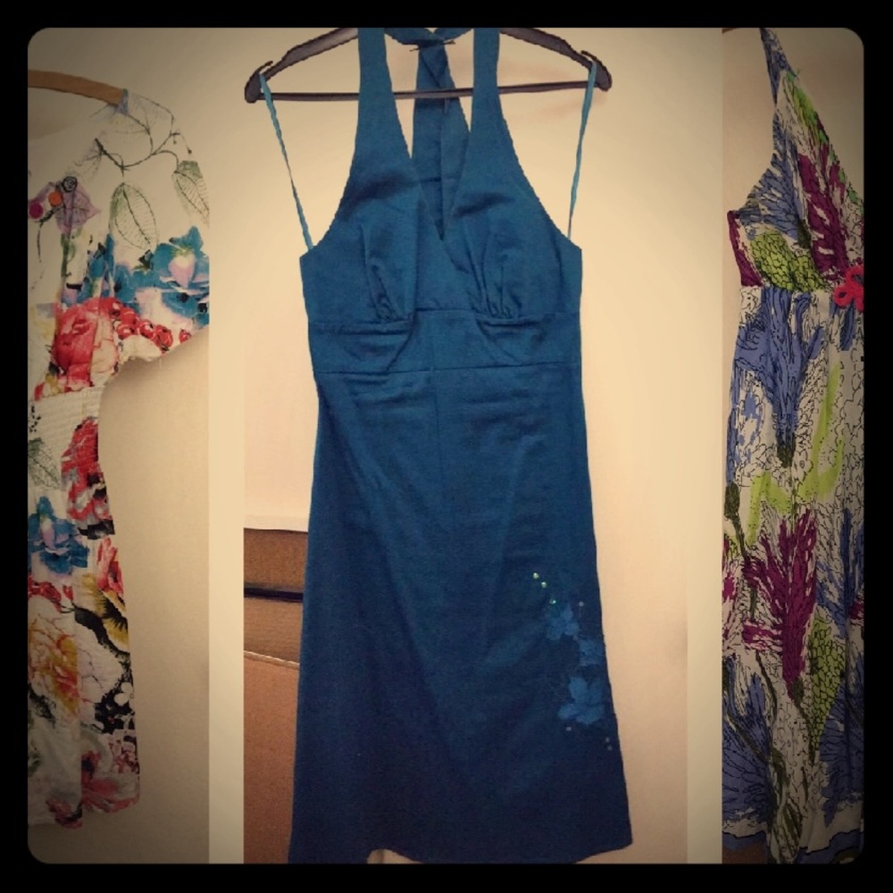 Teal Shiny Halter Dress